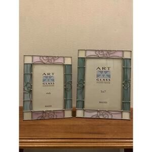 Leaded Stained Art Glass Frame Pastel Blues & Pinks MALDEN Handmade Two Frames